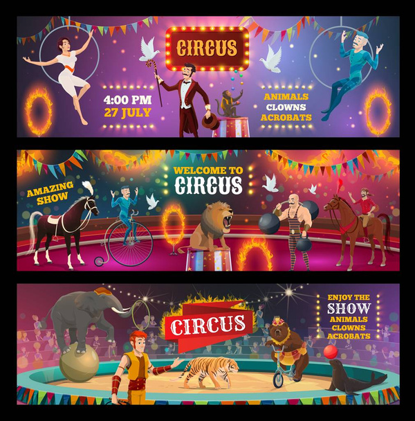 Circus show clown, animals, magician and acrobats - Vector, Image