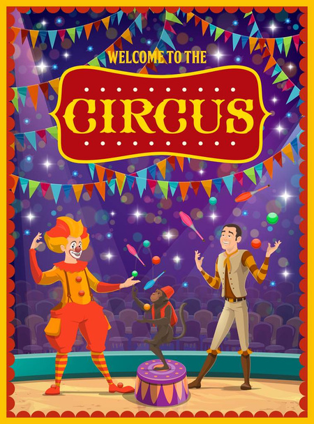 Spectacle de cirque, clown et jongleur, singe entraîné
 - Vecteur, image