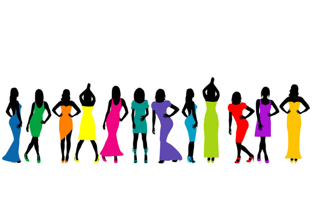 Group of beautiful young women models in dresses - Vector, Image