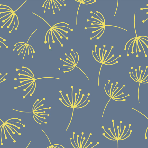 Yellow abstract flowers on blue seamless vector background. Scandinavian style. Abstract Dandelion wildflower pattern. Great as simple background for websites, banners, fabric, paper, wallpaper, cards - Wektor, obraz