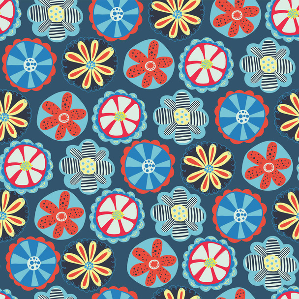 Retro florals seamless vector background. 1960s, 1970s flower design. Red, blue, and yellow doodle flowers on a blue background. Vintage flower pattern for fabric, paper, wallpaper, web banner, kids - Vector, Image