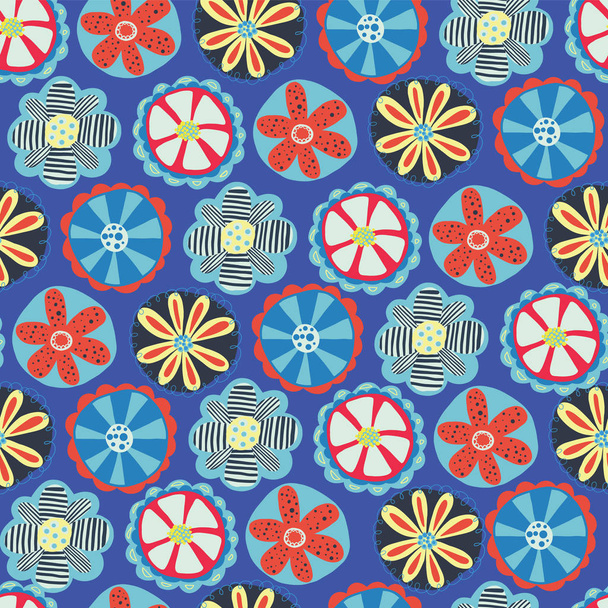 Retro flower seamless vector background. 1960s, 1970s floral design. Red, blue, and yellow doodle flowers on a blue background. Vintage flower pattern for fabric, paper, wallpaper, web banner, kids - Vector, Image