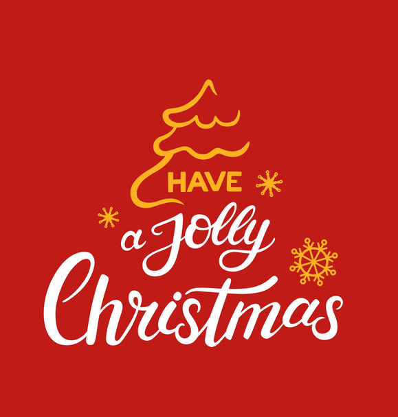 Весёлая рождественская открытка с надписью. Векторные белые и жёлтые иллюстрации с ёлкой и снежинками на красном фоне. Декоративный каллиграфический шрифт
 - Вектор,изображение