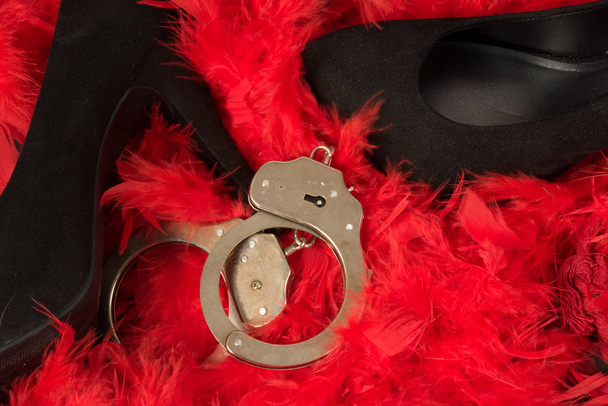 High heels and handcuffs on a base of red feathers - Фото, изображение