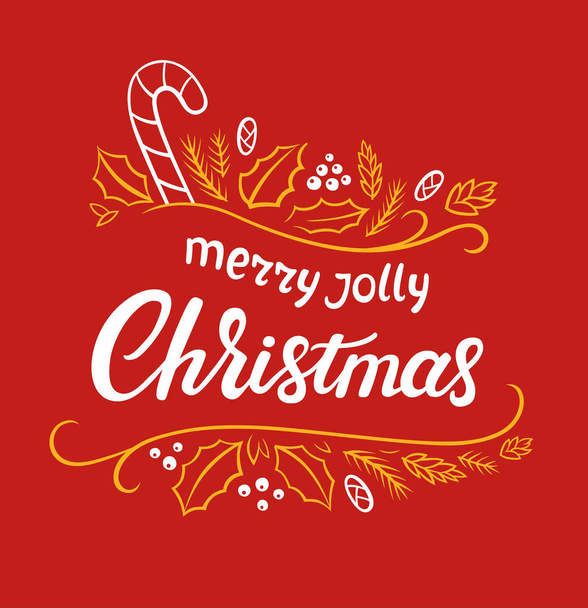 Merry jolly Christmas lettering designs. Vector white and yellow illustrations with lollipop holly needles and berries on a red background. Calligraphic hand drawn font - Vector, Image