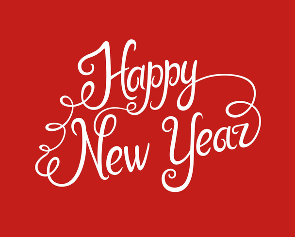 Happy New Year greeting card with white lettering design. Vector lettering for banners or card on a red background. Calligraphic hand drawn font. Font composition - Vector, Imagen