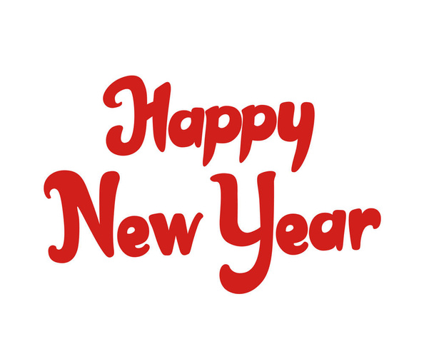 Hyvää uutta vuotta onnittelukortti valkoinen kirjaimet suunnittelu. Punainen vektori sarjakuva kirjaimia bannereita tai kortti valkoisella taustalla. Koristeellinen käsin piirretty fontin koostumus
 - Vektori, kuva