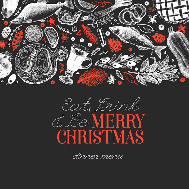 Happy Christmas Dinner design template. Vector hand drawn illustrations on chalk board. Greeting Christmas card in retro style. Frame with harvest, vegetables, pastry, bakery, seafood, fish - Vektör, Görsel