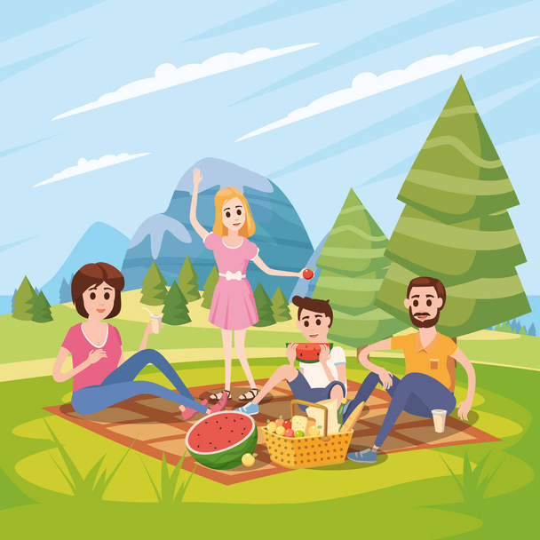 Happy family on a picnic, park, outdoor. Dad, mom, son and daughter are resting and eat in nature, fotest. Vector illustration in a cartoon style - Vector, Image