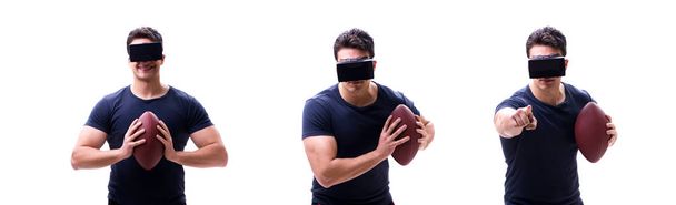 Mies amerikkalainen jalkapalloilija yllään virtuaalitodellisuus VR lasit
  - Valokuva, kuva