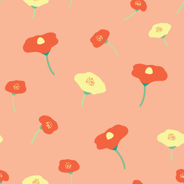 Mohn Blüten rot gelb nahtlose Vektor Hintergrund. Mohn auf rosa Korallen pfirsichfarbenem Hintergrund. Retro floralen Hintergrund. handgezeichnete Vintage-Blumen. Verpackung, Tapete, Stoff, Scrapbooking, Webdesign - Vektor, Bild