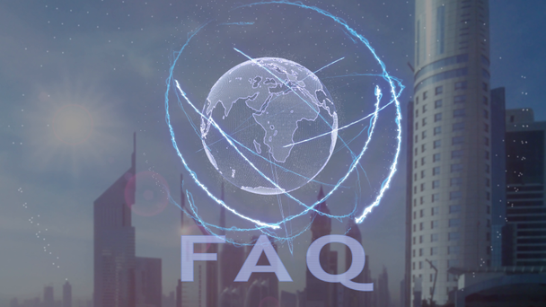FAQ tekst met 3d hologram van de planeet aarde tegen de achtergrond van de moderne metropool - Video