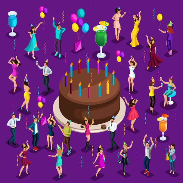 Isometry big celebratory cake with candles, dancing people, happy, drinks, balloons, garlands, fireworks - Vector, Image