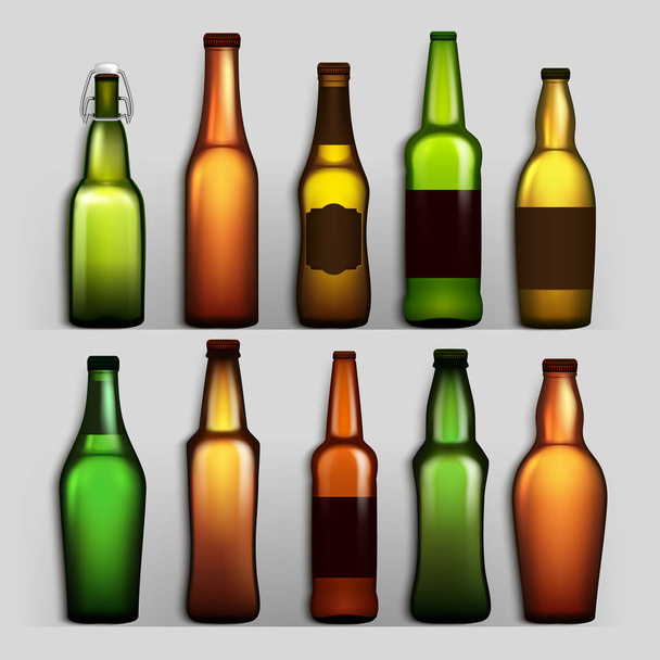ビール瓶は、ベクトルを設定します。クラフト ビールのグリーン、イエロー、ブラウンの異なる空のグラス。モックアップ製品包装デザイン広告の空白のテンプレートです。分離の現実的なイラスト - ベクター画像