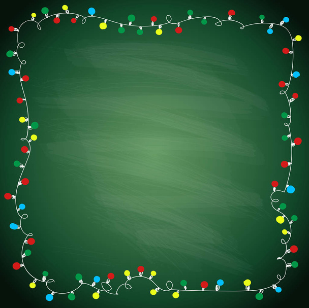 Simple frame with garland lights against green chalkboard background, hand drawn doodle illustration - Vector, Image