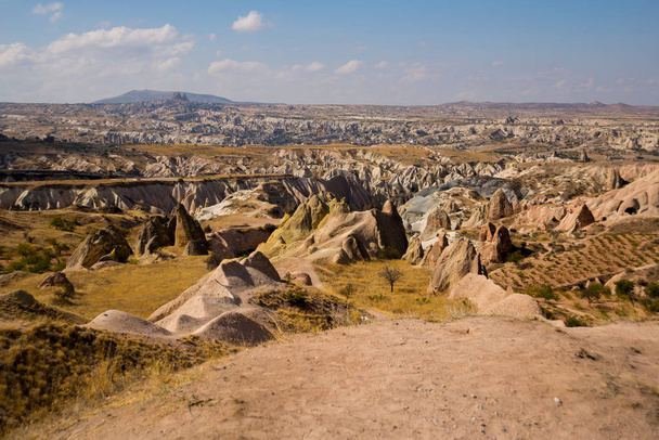 Red valley, Kizilcukur. Nevsehir province in Cappadocia, Anatolia. Travel to Turkey - observation deck on the Aktepe Hill and valley - Zdjęcie, obraz