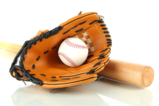 Baseball glove, bat and ball isolated on white - Valokuva, kuva