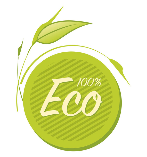 Etichetta o etichetta 100% Eco Food rotonda, con strisce e foglie oblique. Colori verde e beige
 - Vettoriali, immagini