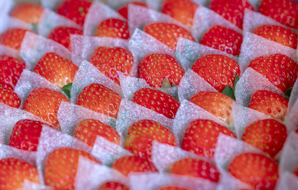 Punaiset kypsät mansikat taitetaan siististi lahjapakkaukseen, joka toimitetaan silmäänpistävälle asiakkaalle
 - Valokuva, kuva