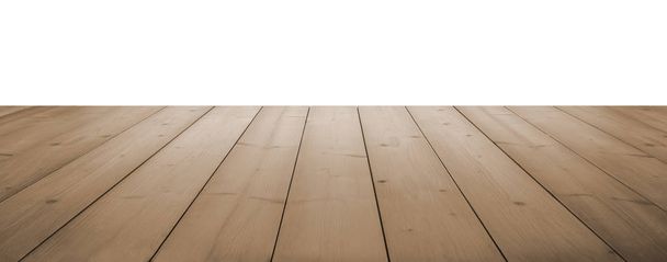 tavole di legno marrone chiaro come tavolo o pavimento in prospettiva, isolate su bianco
. - Foto, immagini