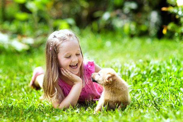 Kids play with cute little puppy. Children and baby dogs playing in sunny summer garden. Little girl holding puppies. Child with pet dog. Family and pets on park lawn. Kid and animals friendship. - Photo, Image