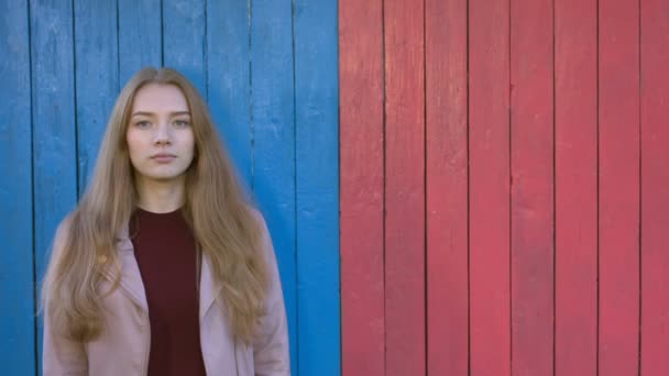 Girl on colourful wooden eco background.Dreamy mood. Girl is standing on colored background and wathes into the camera. The right side of background is free. - Footage, Video