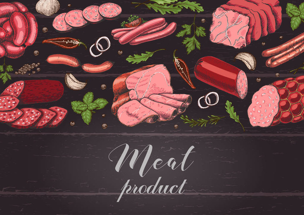 Horizontal background with different color meat products in sketch style. Sausages, ham, bacon, lard, salami - Διάνυσμα, εικόνα