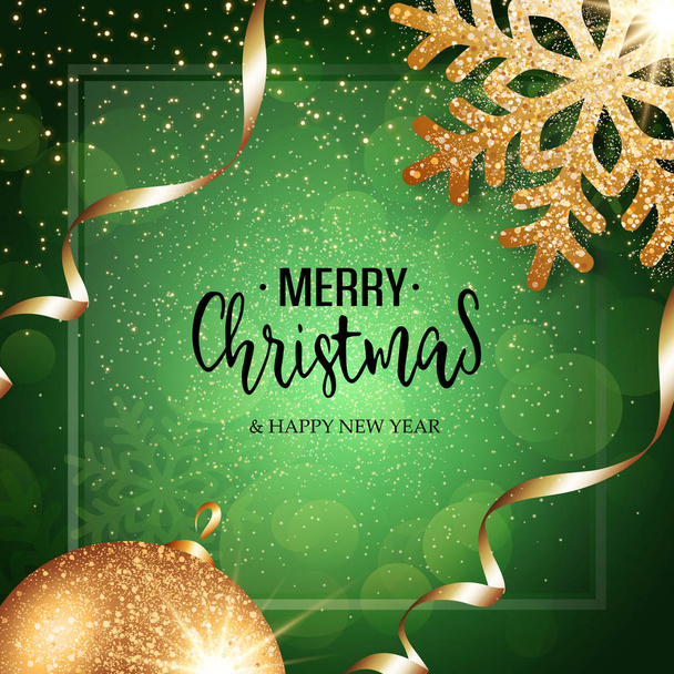 Christmas vector festive green background greeting card with text, event ball, snowflake and golden ribbons - Vector, Image