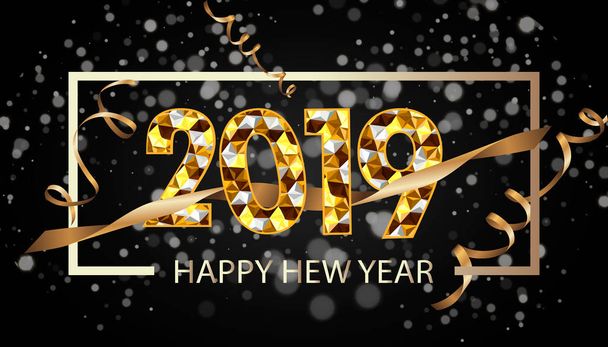Šťastný Nový rok 2019 zimní dovolená blahopřání design šablony. Párty plakát, banner nebo pozvání zlaté třpytivé hvězdy konfety třpytky dekorace. Vektorové pozadí se zlatým dárkem luk - Vektor, obrázek