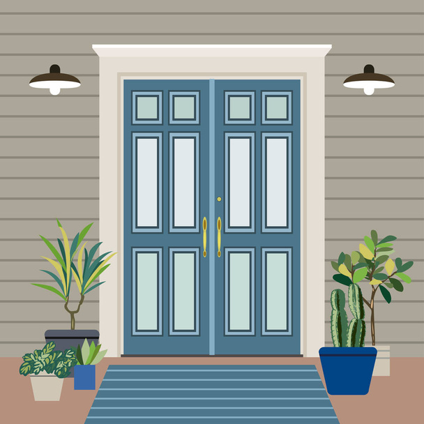 Haustürfront mit Fenster und Pflanzen flachen Stil, Gebäude Eintrag Fassade Design Illustration Vektor  - Vektor, Bild
