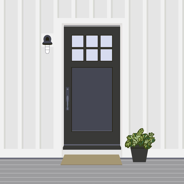 Двері будинку спереду з вікном і рослинами плоский стиль, будівля вхідний фасад дизайну ілюстрація вектор
  - Вектор, зображення