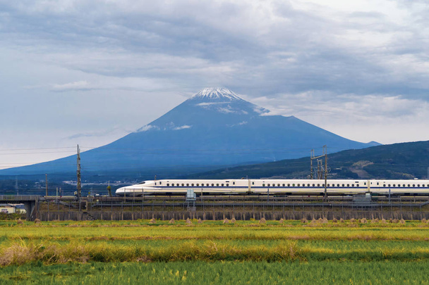 Treno proiettile veloce, guida e passaggio Mountain Fuji vicino alla stazione ferroviaria di Tokyo con campo di riso verde, Giappone
 - Foto, immagini