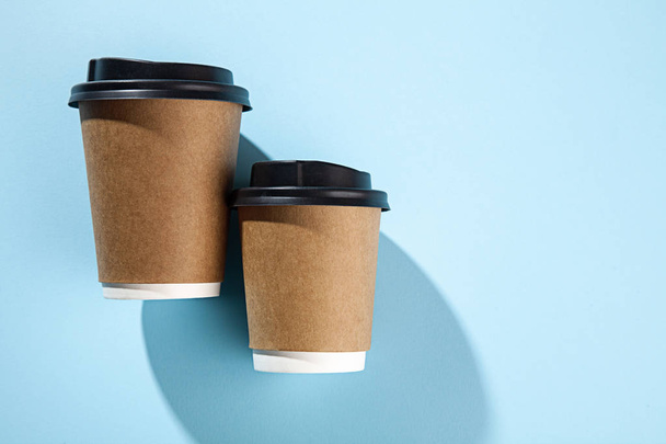 Takeaway paper coffee cup mockup isolated on blue background. Concept photo of coffee cup. Free empty blank copy space for your design text or banner of brand. Trending colors - Fotografie, Obrázek