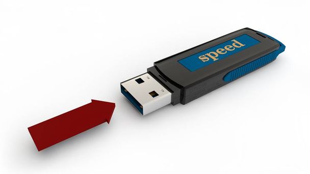 a imagem é preto azul flash drive, armazenamento de dados, e uma seta vermelha para inicializar, em um fundo branco. Renderização 3D
 - Foto, Imagem