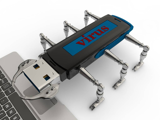 компьютерный вирус в электронном таракане, и USB Flash рядом с клавиатурой ноутбука. Изображение на белом фоне. 3D рендеринг
 - Фото, изображение
