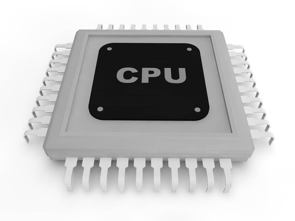kleurloze grijze beeldprocessor en de cpu-tekst op een zwarte plaat op een witte achtergrond. 3D-rendering - Foto, afbeelding