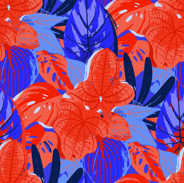 Abstract vector seamless pattern of exotic leaves in vivid colors. - Vector, Image
