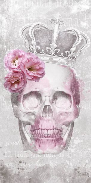 Череп королевы с розовыми цветами, гранж фон
. - Фото, изображение