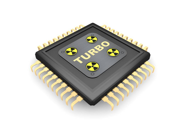 La imagen de procesador de CPU negro con contactos de oro, cuatro de signo de radiación, texto turbo oro, un símbolo de procesador de cuatro núcleos, velocidad, fuerza y potencia. Sobre fondo blanco, representación 3D
 - Foto, imagen