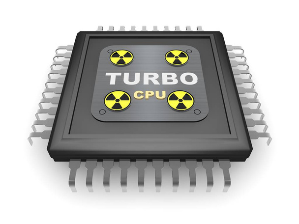 A imagem de CPU preta, com contatos de metal, quatro sinais de radiação, turbo de texto prata, símbolo processador Quad-core, velocidade e potência. No fundo branco, renderização 3D
 - Foto, Imagem