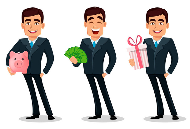フォーマルなスーツでビジネス男漫画のキャラクターは、3 つのポーズのセット。ハンサムな実業家は、貯金箱を保持して、お金を保持し、ギフト ボックスを保持します。マネージャー、銀行家。ベクトル図 - ベクター画像