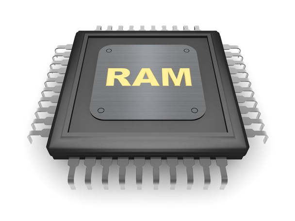 Het beeld van zwart Cpu, zilveren contacten, metalen plaat en gouden tekst van Ram, een symbool van snelheid, kracht en macht. Op een witte achtergrond, 3D-rendering - Foto, afbeelding