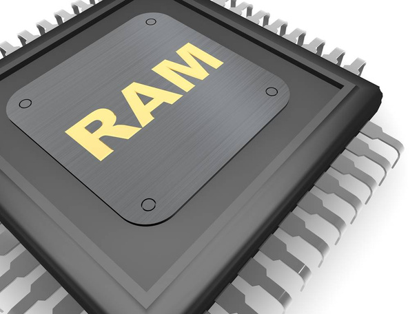 Kuva musta CPU, hopea yhteystiedot, metallilevy ja kulta tekstiä RAM, symboli nopeutta, voimaa ja voimaa. Lähikuva valkoisella taustalla, 3D-renderöinti
 - Valokuva, kuva