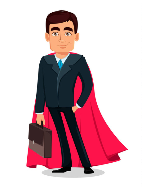 Liikemies sarjakuvahahmo virallisessa puku. Komea liikemies punaisessa viitta kuin supersankari. Johtaja, pankkiiri. Vektoriesimerkki
 - Vektori, kuva
