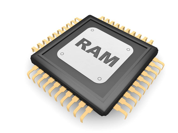 Kuva musta CPU, kulta yhteystiedot, hopea levy ja titaani teksti RAM, symboli nopeus, vahvuus ja teho. Lähikuva valkoisella taustalla, 3D-renderöinti
 - Valokuva, kuva