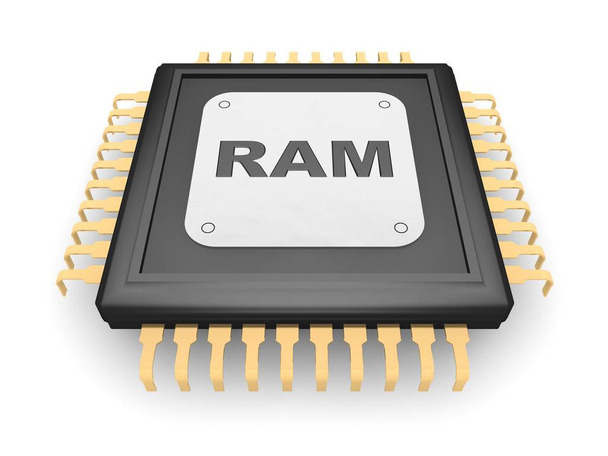 L'immagine di CPU nera, contatto oro, placca argento e titanio testo di RAM, un simbolo di velocità, forza e potenza. Primo piano su sfondo bianco, rendering 3D
 - Foto, immagini