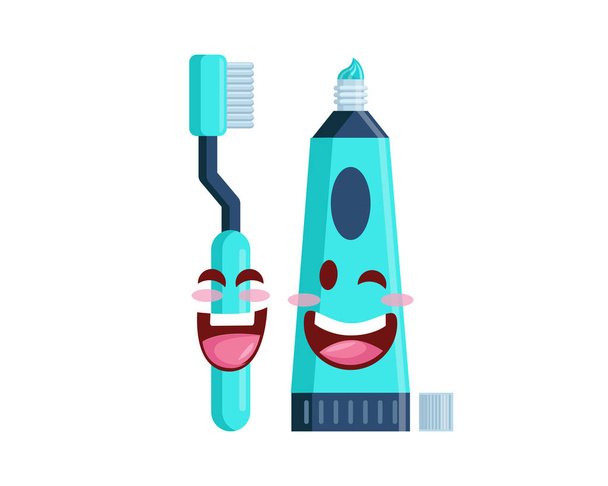 Cute Dental Care Toothbrush And Toothpaste Cartoon Character Illustration In Isolated White Background - Vector, Image