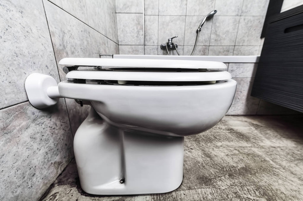 Gri toilette görünümü alt ve küvet - Fotoğraf, Görsel