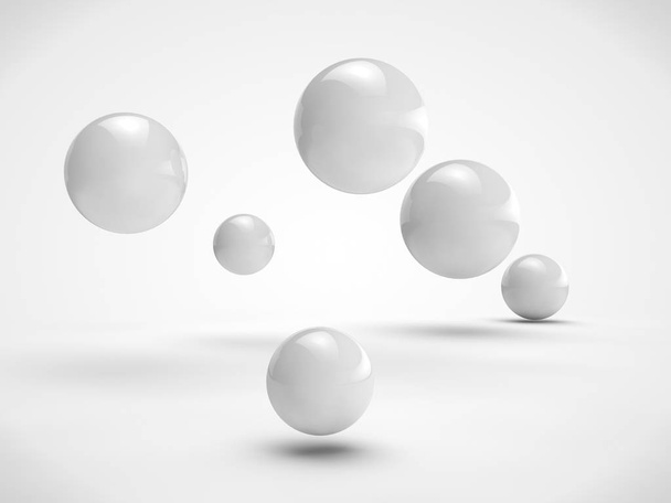 A imagem do conjunto de bolas de tamanho diferente, cor branca, localizada aleatoriamente no espaço. Imagem isolada num fundo branco. Renderização 3D
 - Foto, Imagem