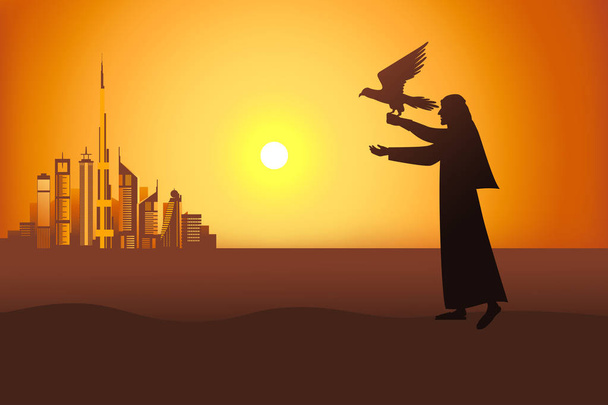 Falconer au coucher du soleil dans le désert sur l'illustration vectorielle de fond de la ville de Dubai
 - Vecteur, image